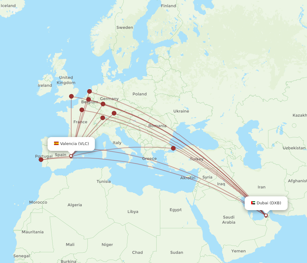 VLC to DXB flights and routes map