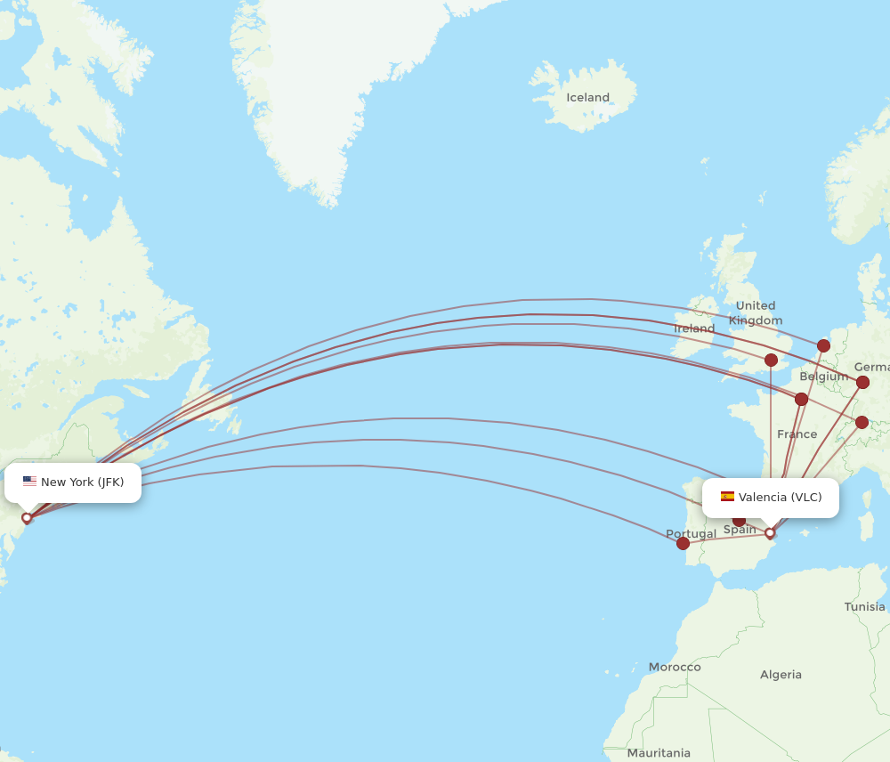 VLC to JFK flights and routes map
