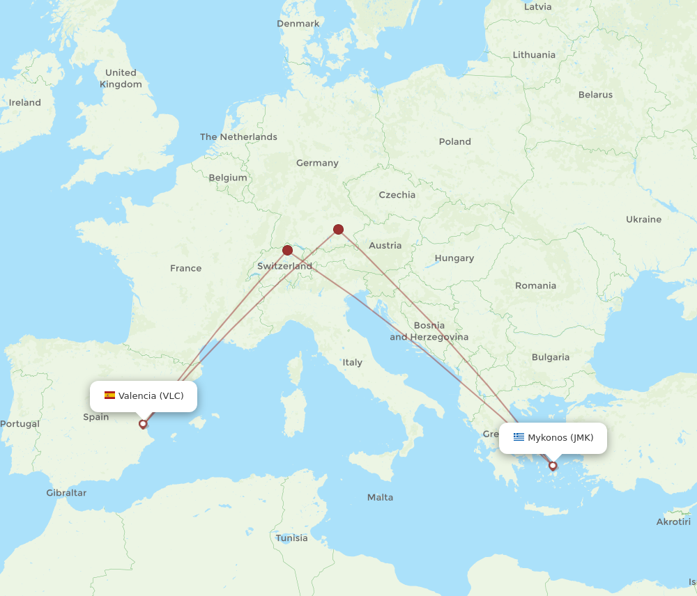 VLC to JMK flights and routes map
