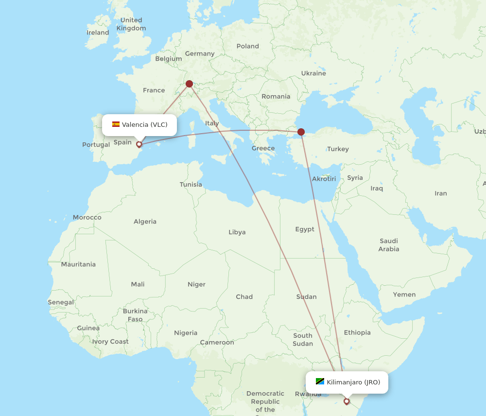 VLC-JRO flight routes