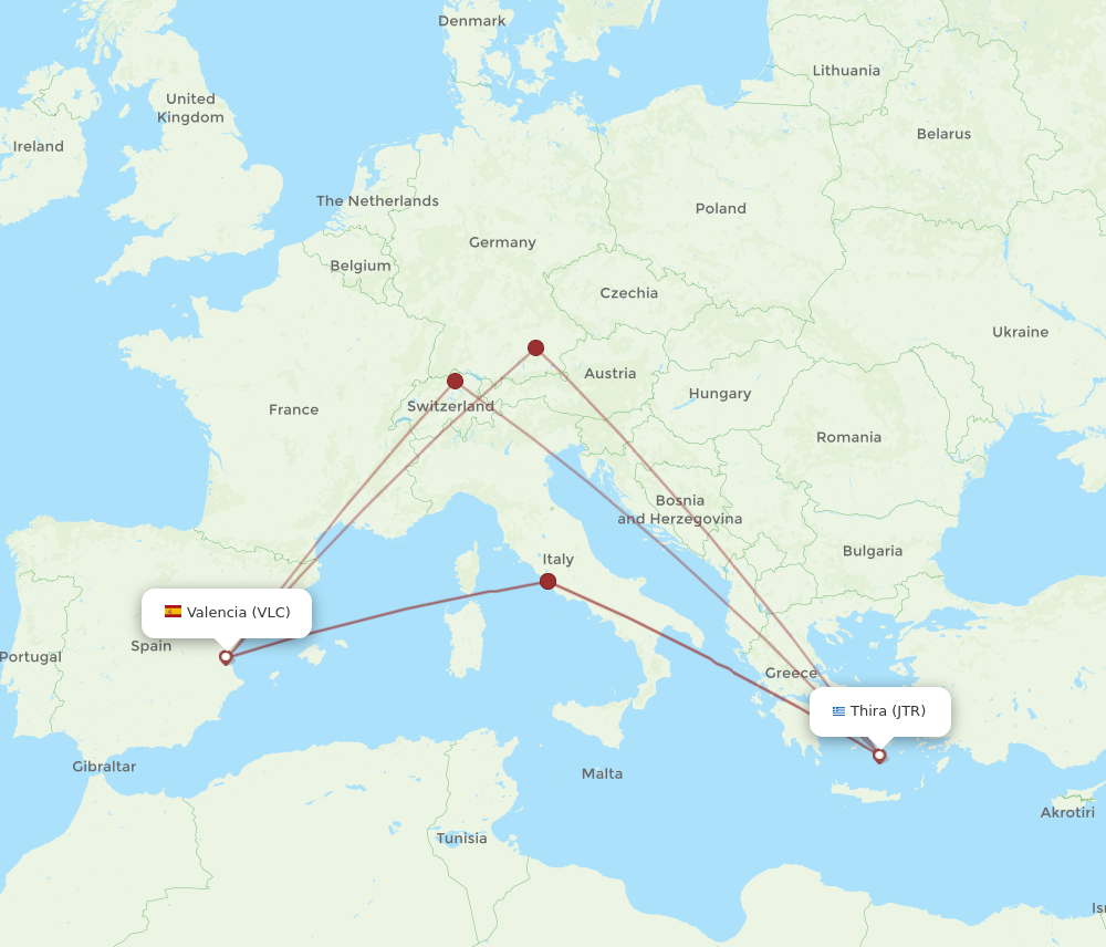 VLC to JTR flights and routes map