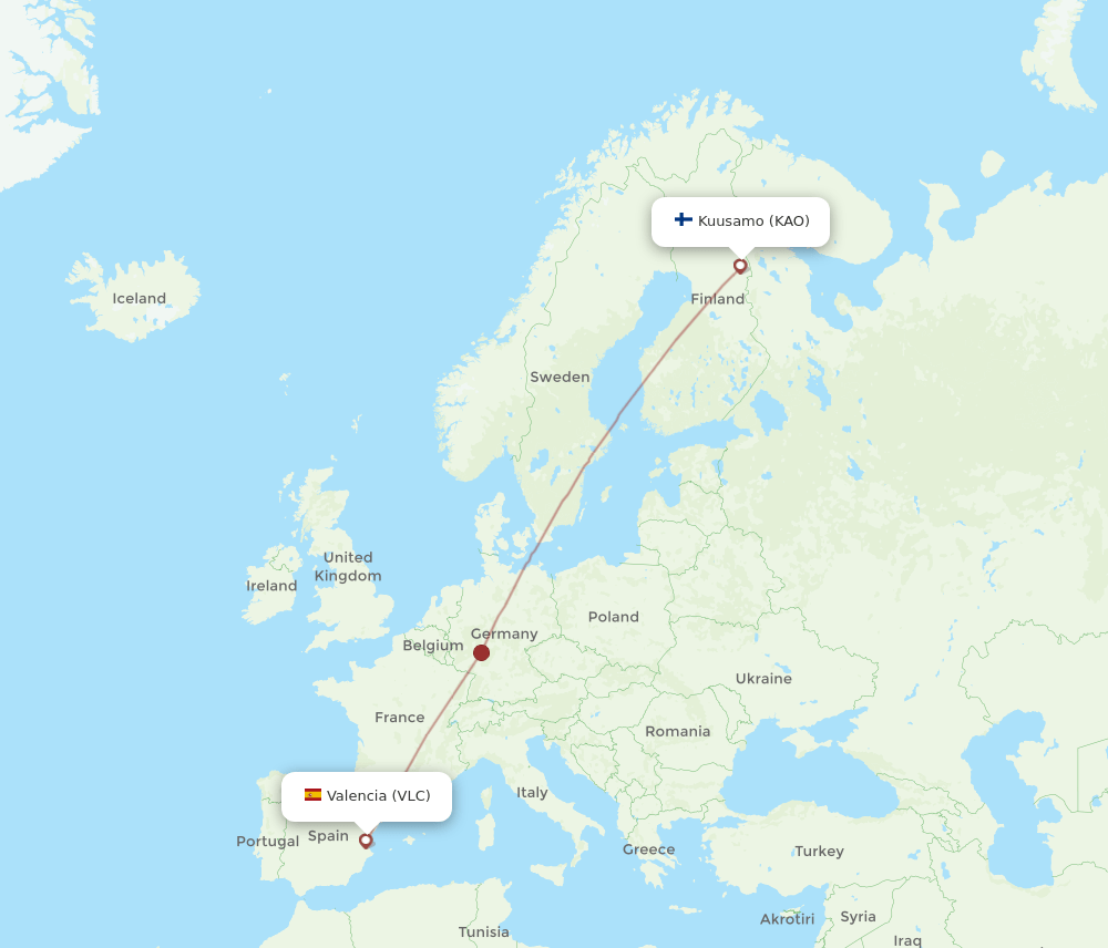 Valencia - Kuusamo route map and flight paths
