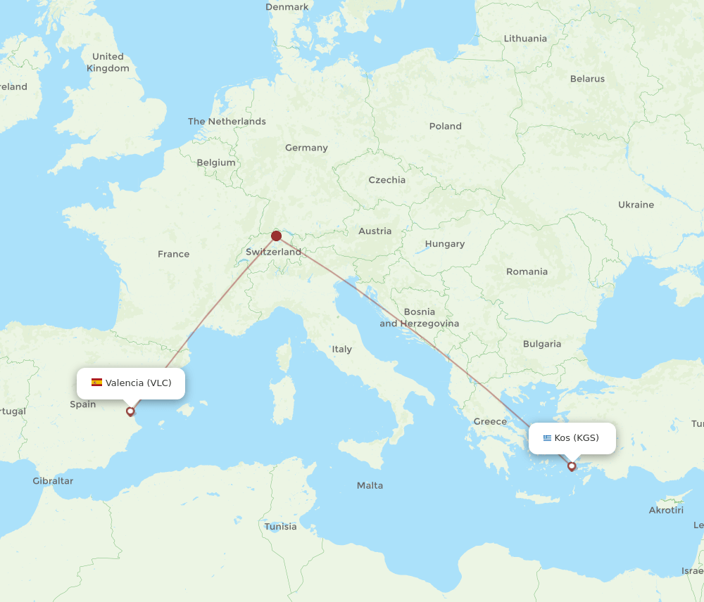 Kos - Valencia route map and flight paths