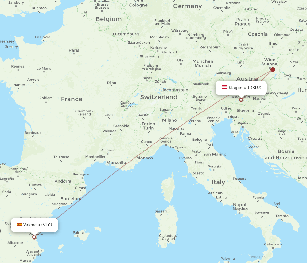 Valencia - Klagenfurt route map and flight paths