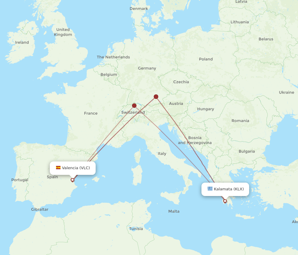 VLC to KLX flights and routes map