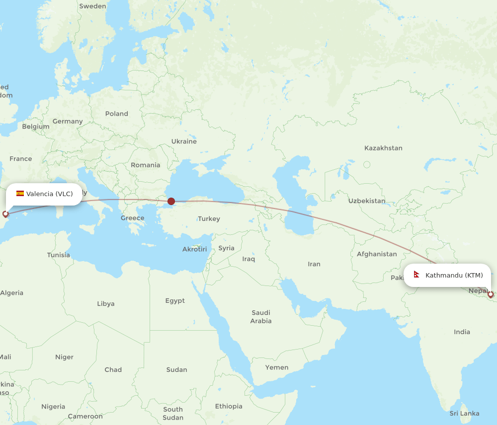 VLC to KTM flights and routes map