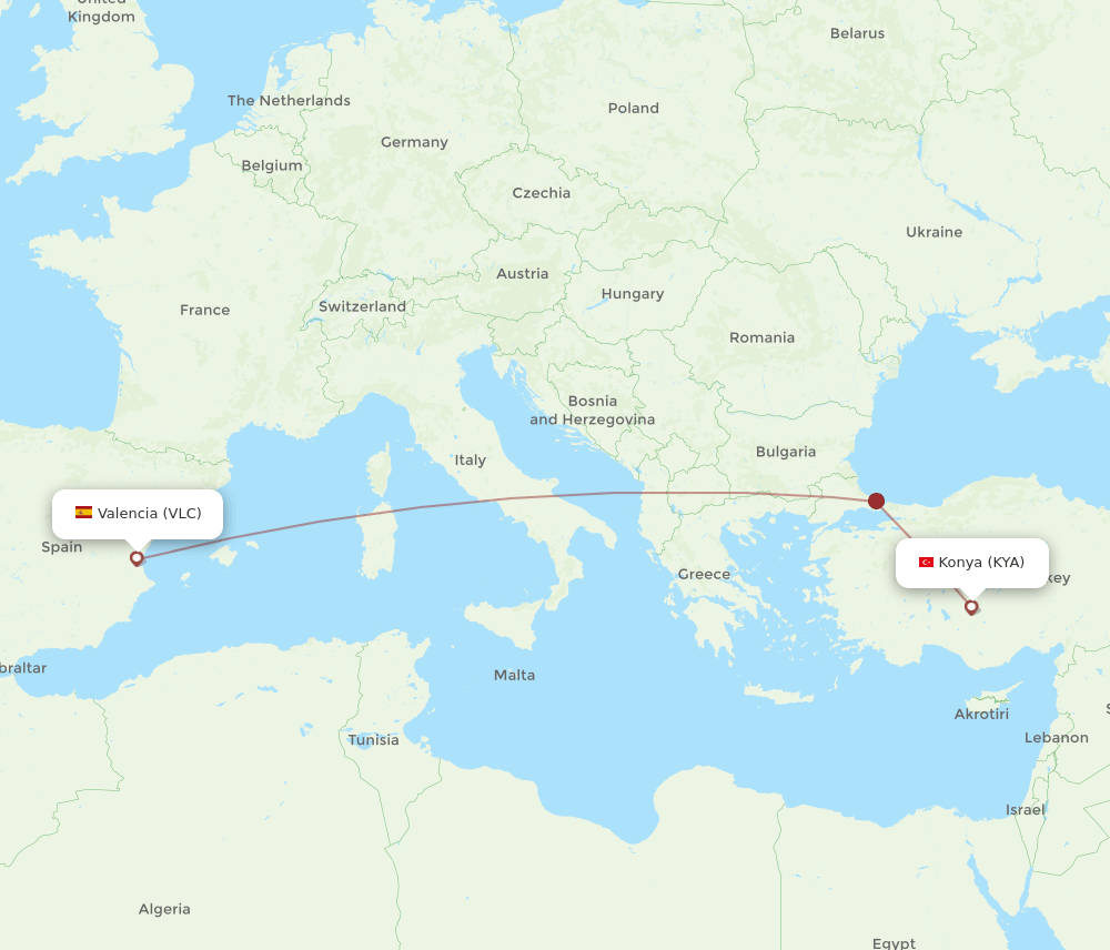 VLC to KYA flights and routes map