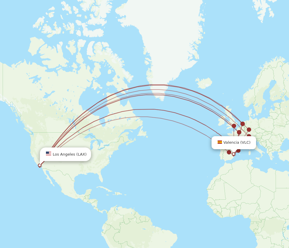 VLC-LAX flight routes