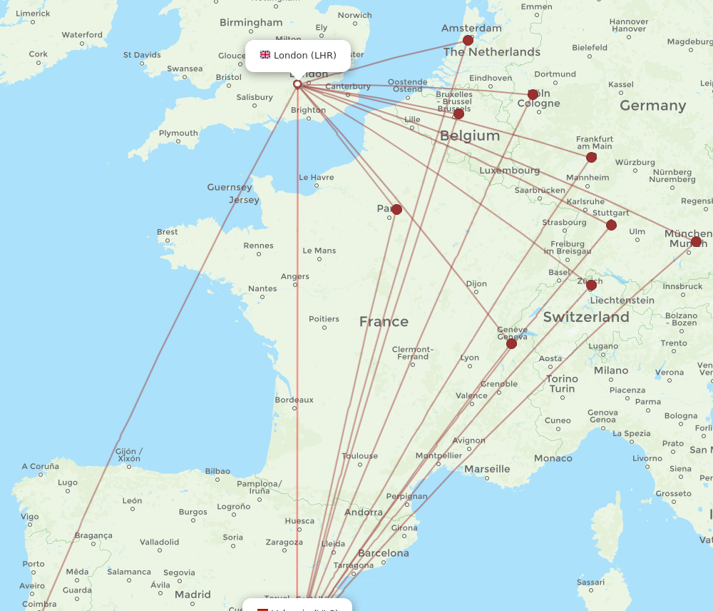 VLC to LHR flights and routes map