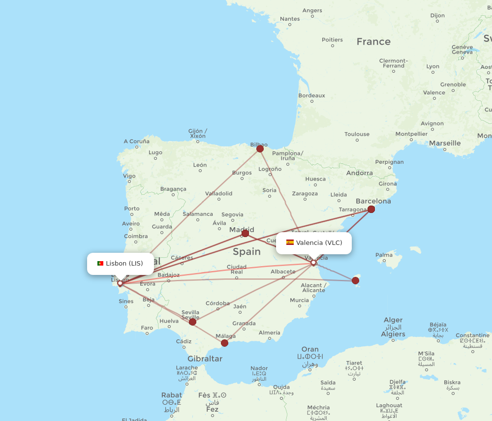 VLC to LIS flights and routes map
