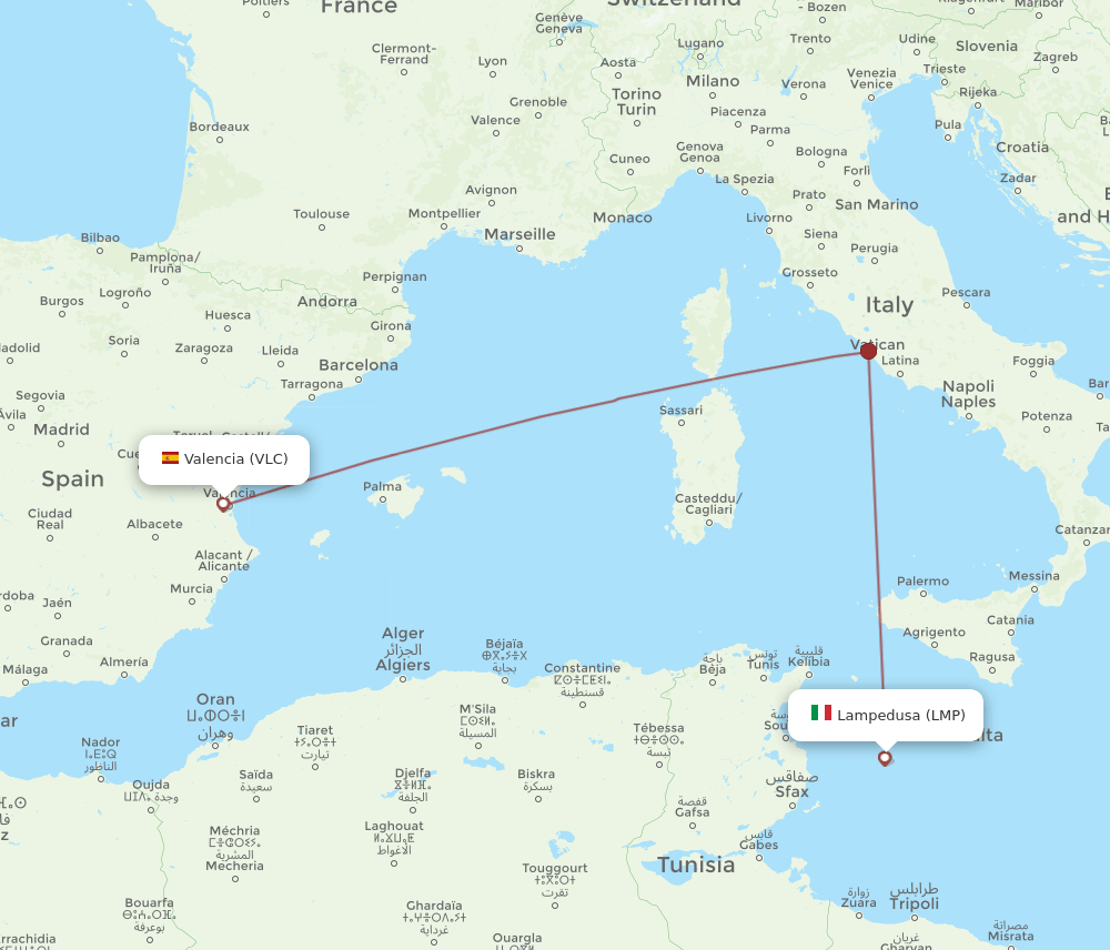 Lampedusa - Valencia route map and flight paths