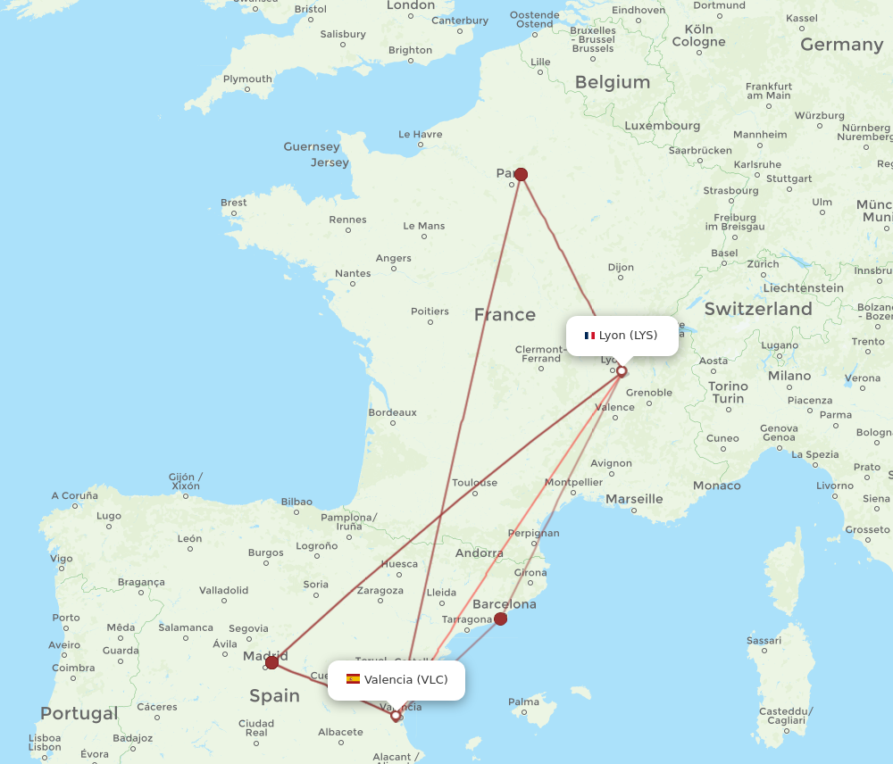 VLC to LYS flights and routes map