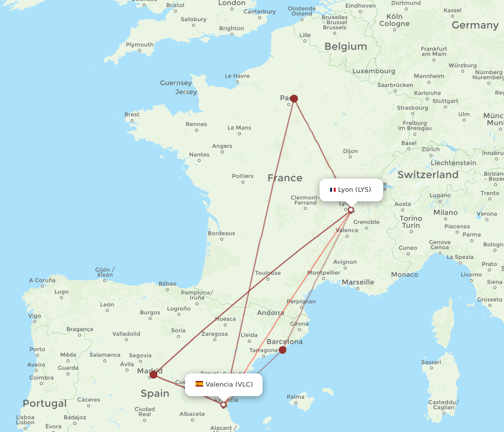 VLC to LYS flights and routes map