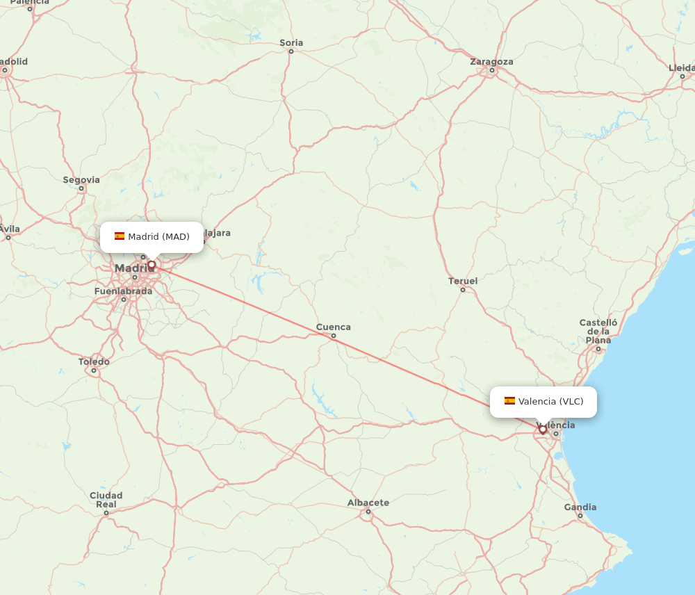 Valencia - Madrid route map and flight paths