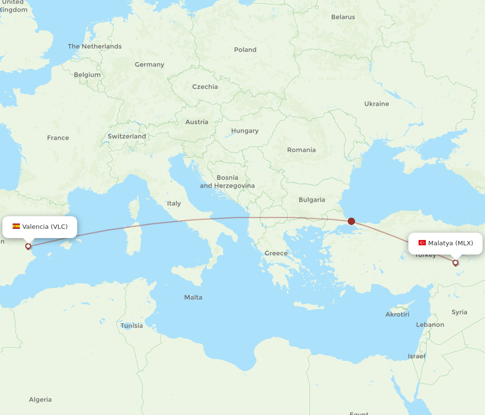 VLC to MLX flights and routes map