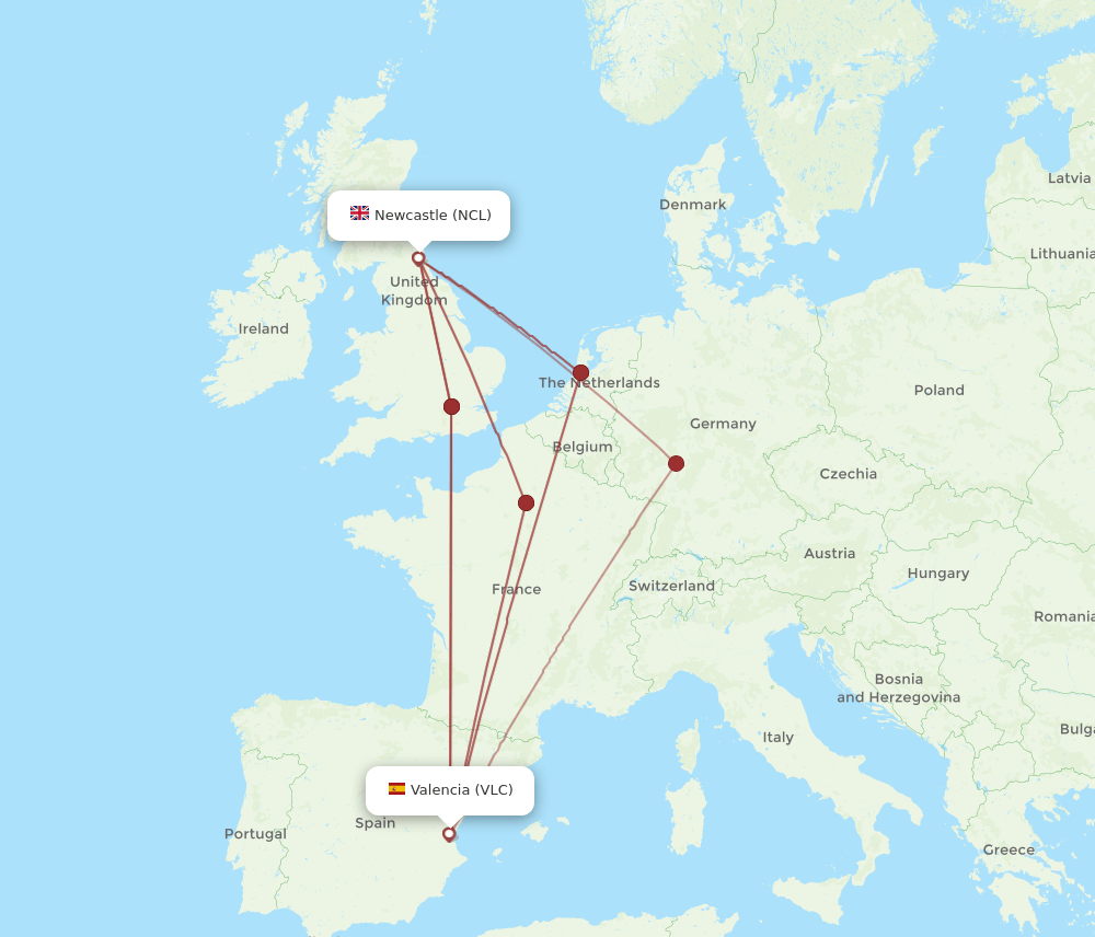 VLC to NCL flights and routes map