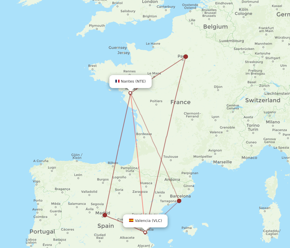 VLC to NTE flights and routes map