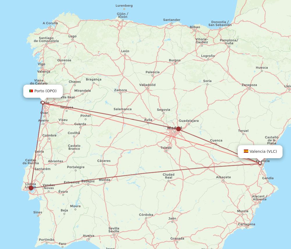 VLC to OPO flights and routes map
