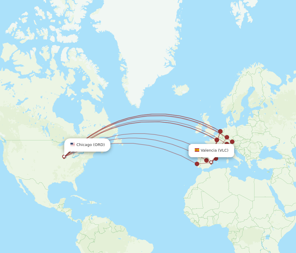 VLC to ORD flights and routes map