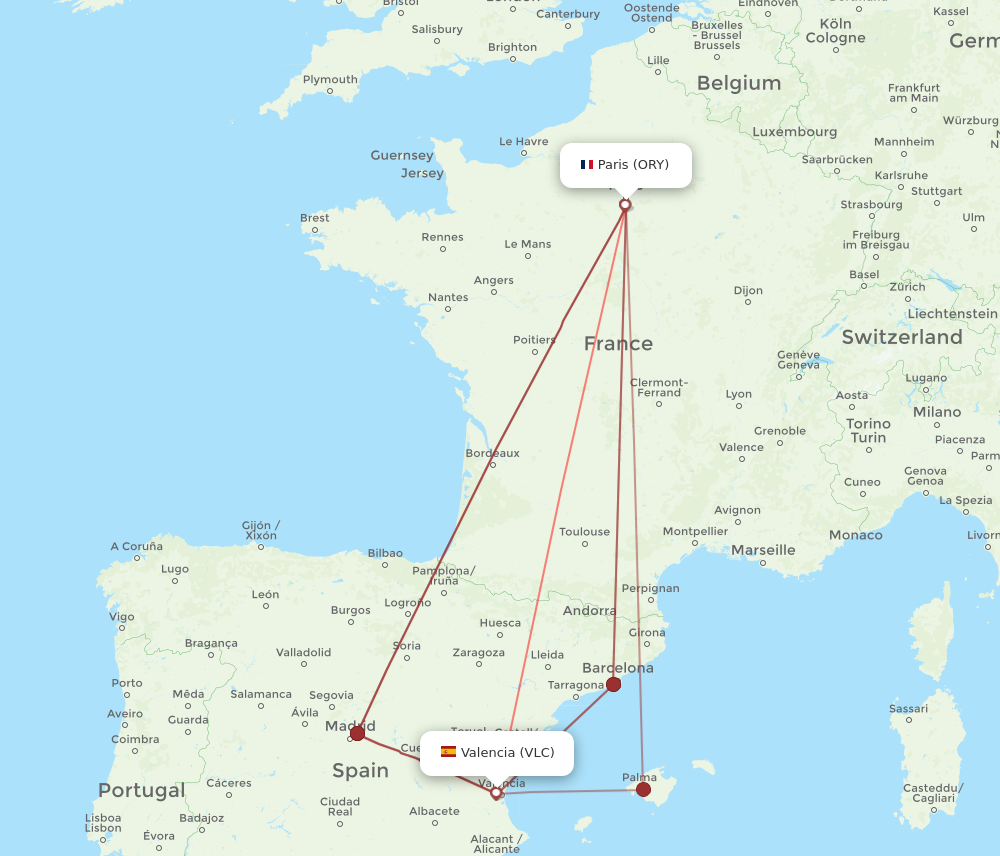 VLC to ORY flights and routes map