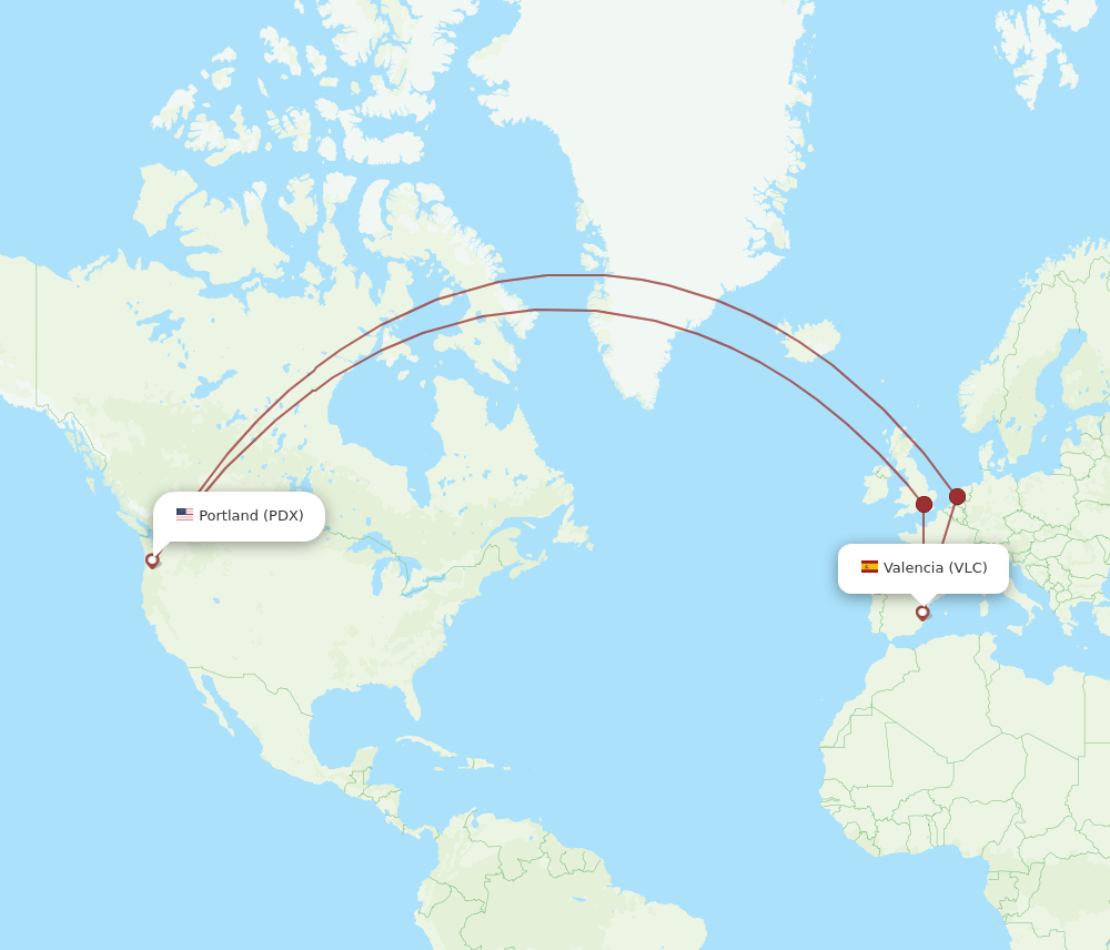 VLC to PDX flights and routes map