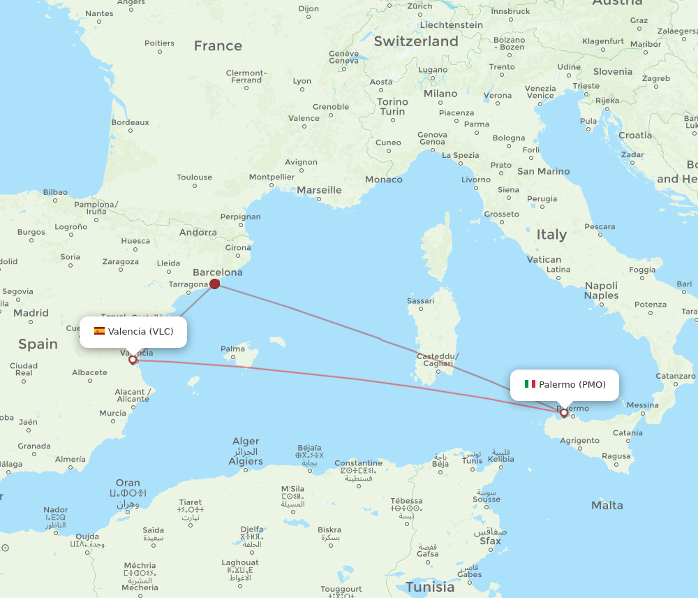 VLC to PMO flights and routes map