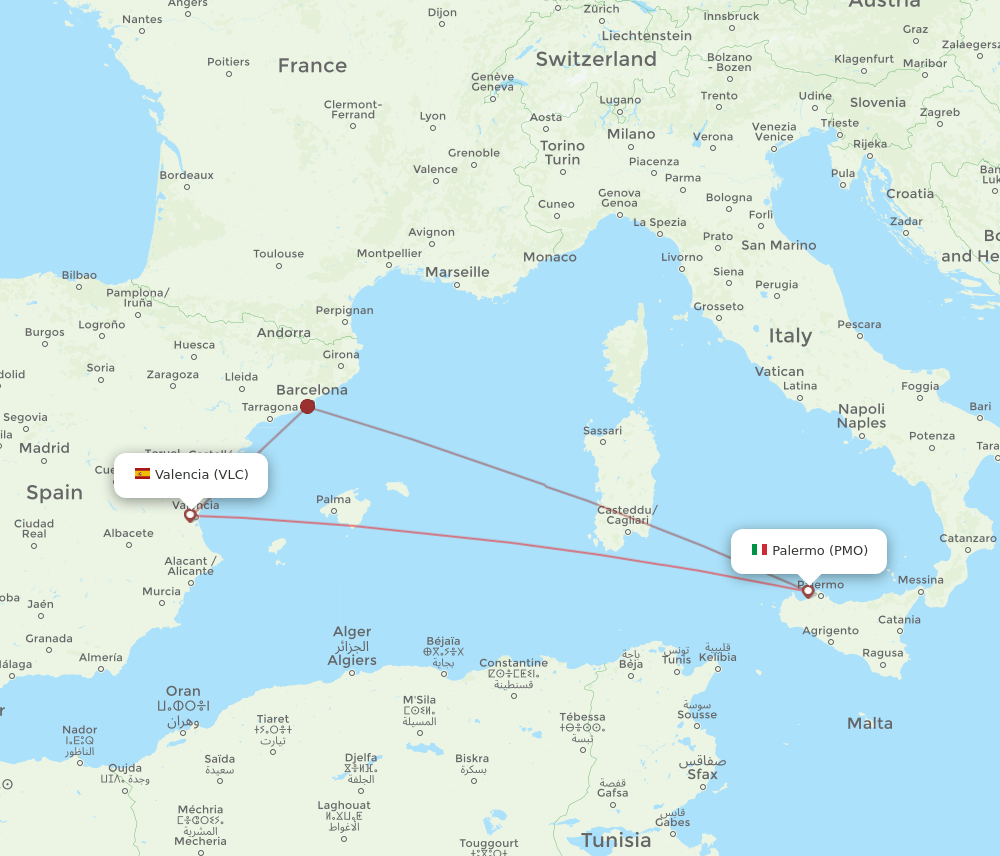 VLC to PMO flights and routes map