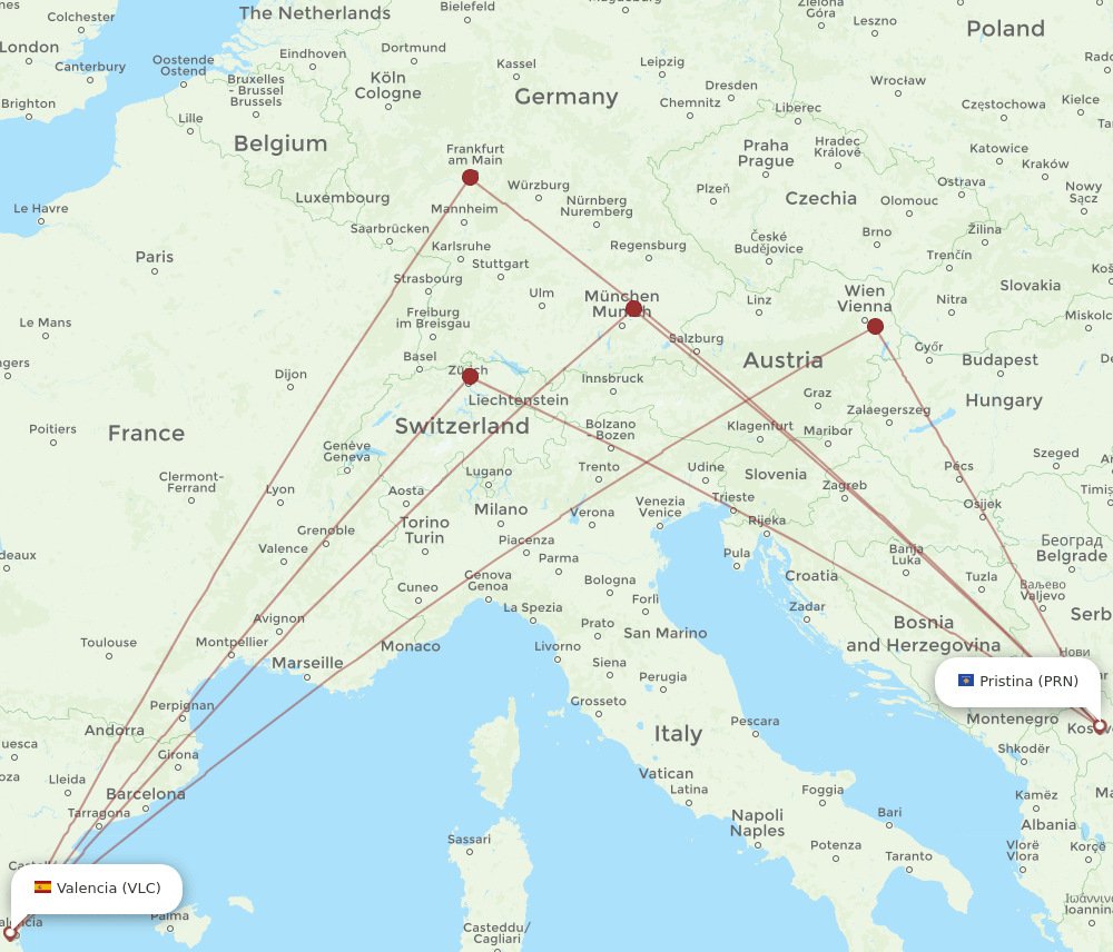 VLC-PRN flight routes