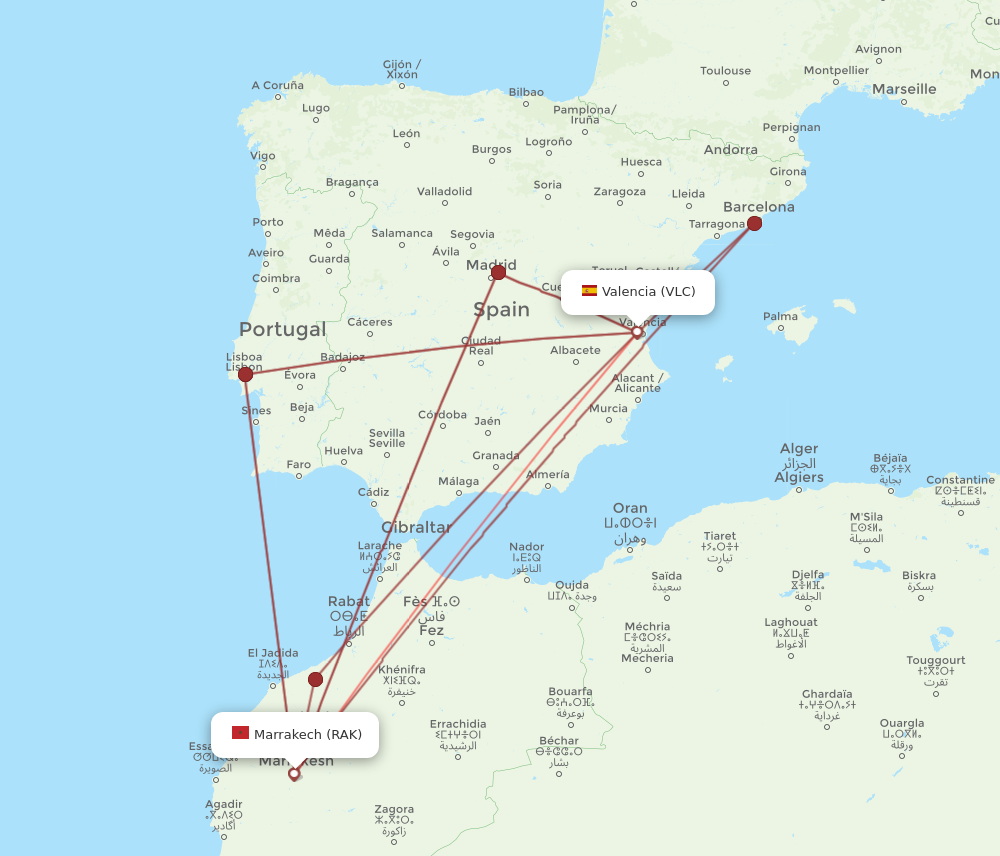 VLC to RAK flights and routes map