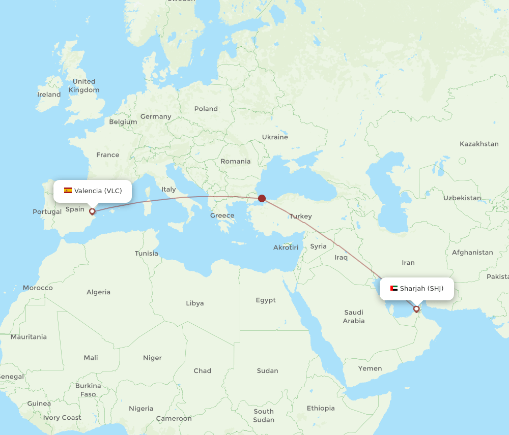 Valencia - Sharjah route map and flight paths