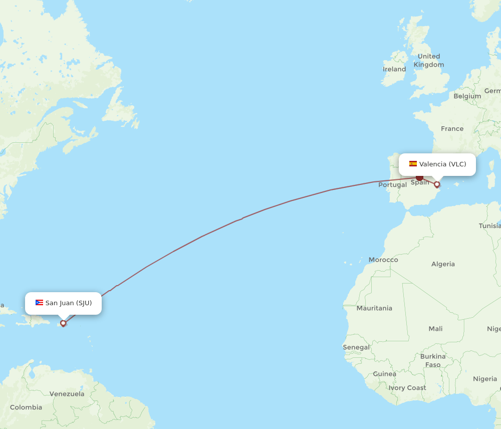 VLC to SJU flights and routes map