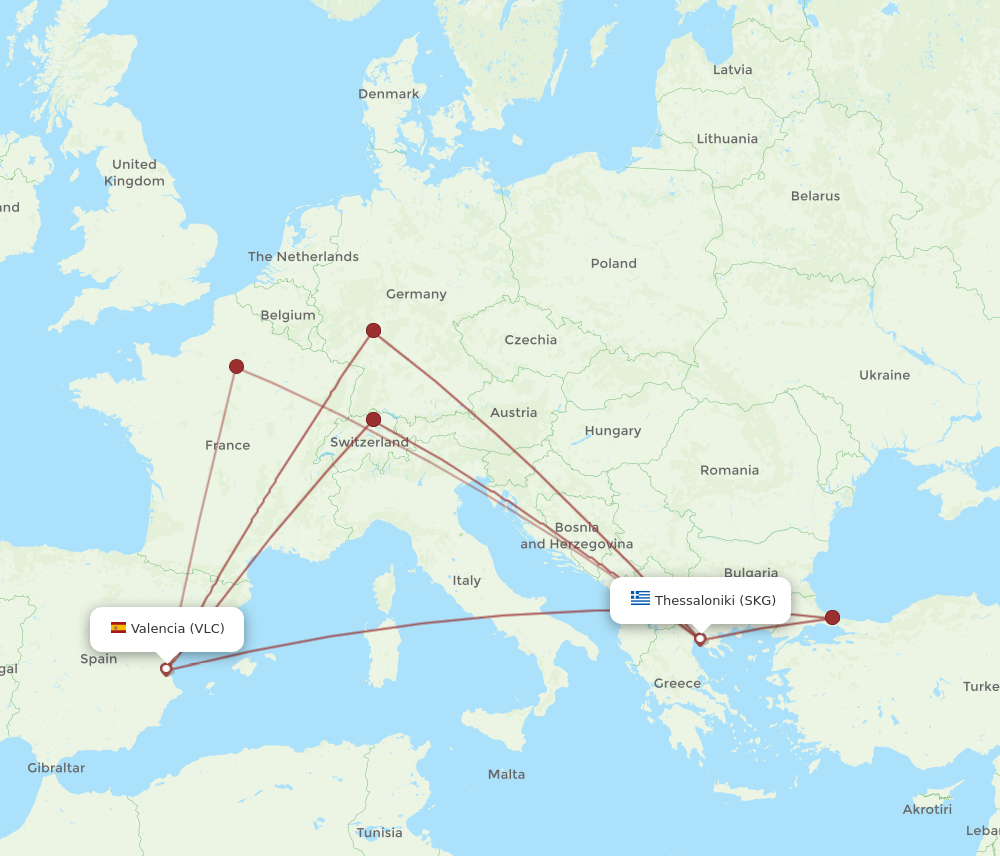 VLC to SKG flights and routes map