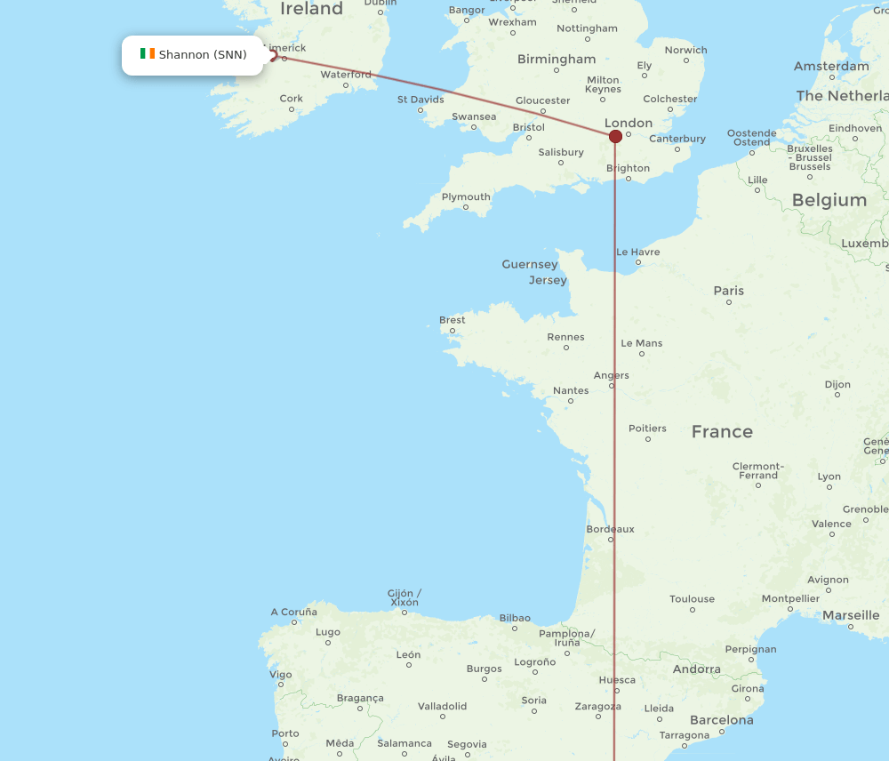 Shannon - Valencia route map and flight paths
