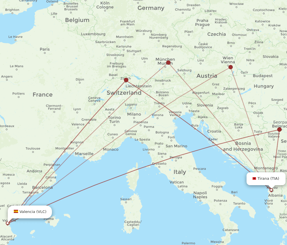 VLC to TIA flights and routes map