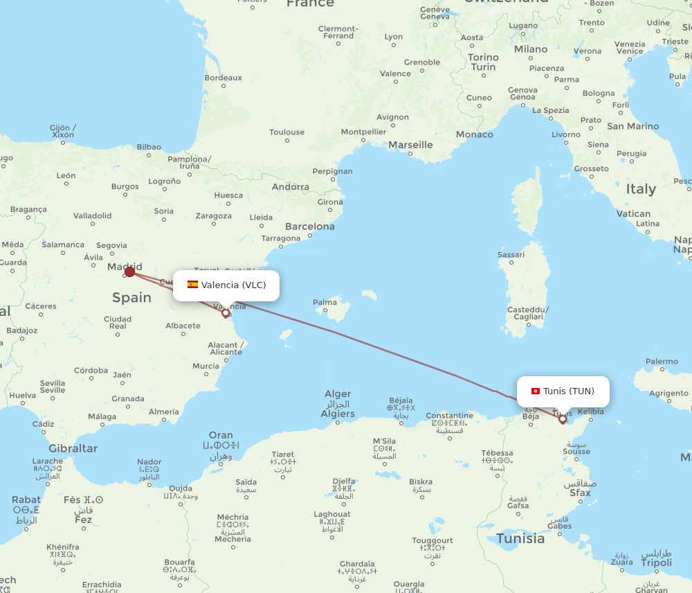 VLC to TUN flights and routes map