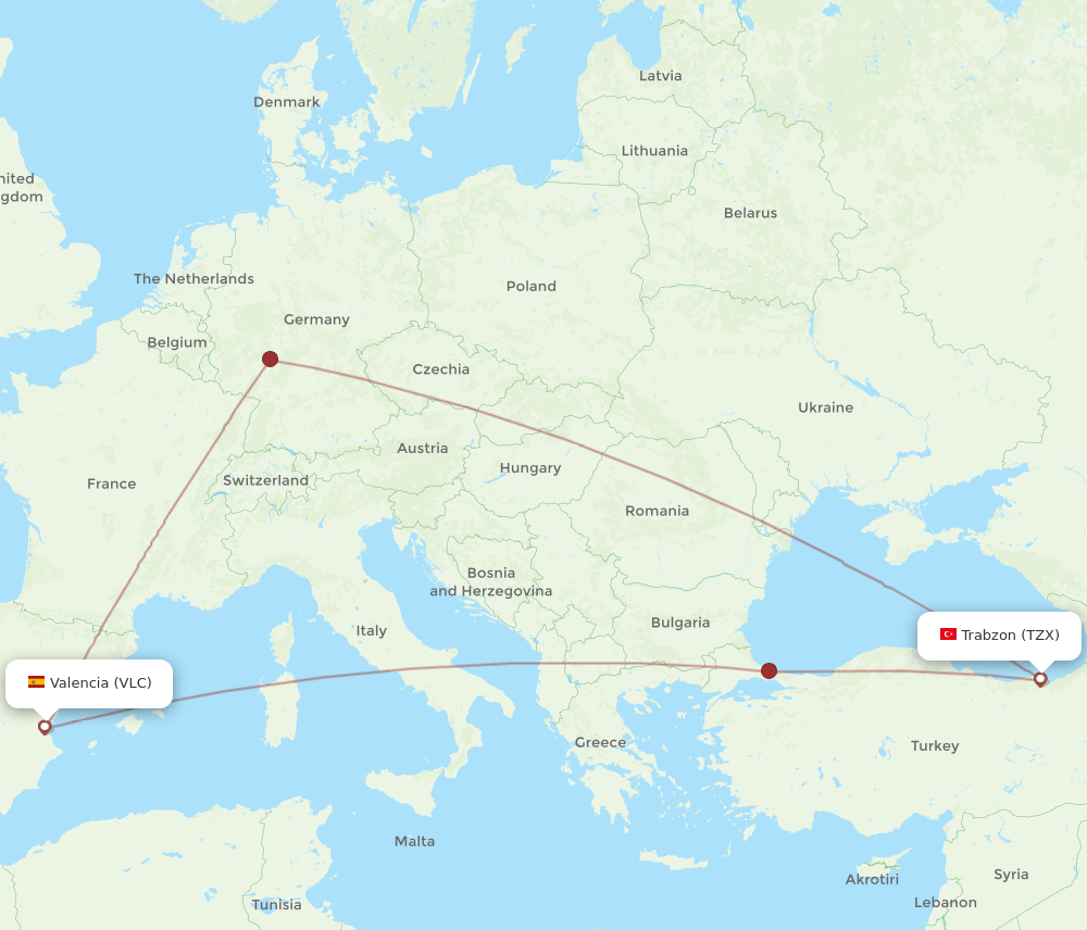 VLC to TZX flights and routes map