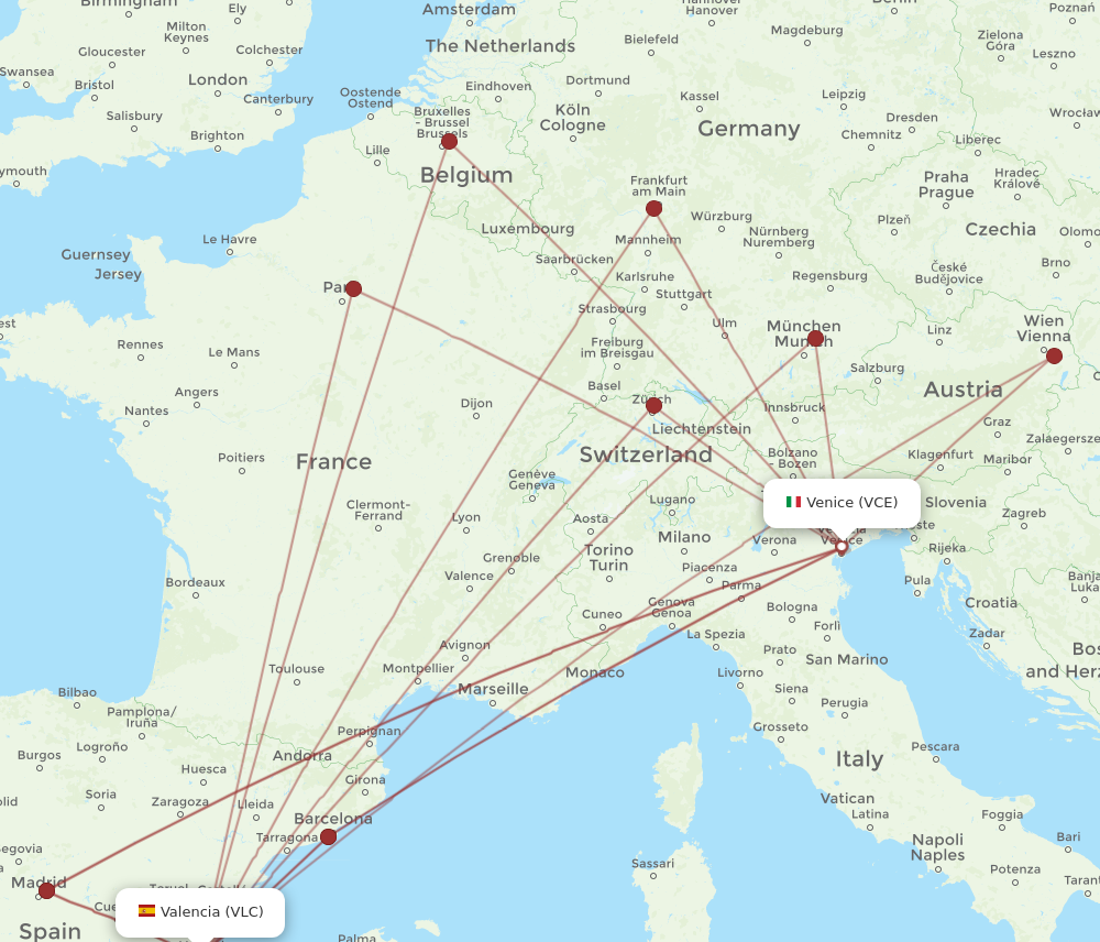VLC to VCE flights and routes map