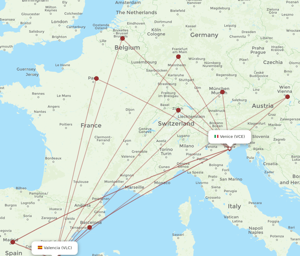 VLC to VCE flights and routes map