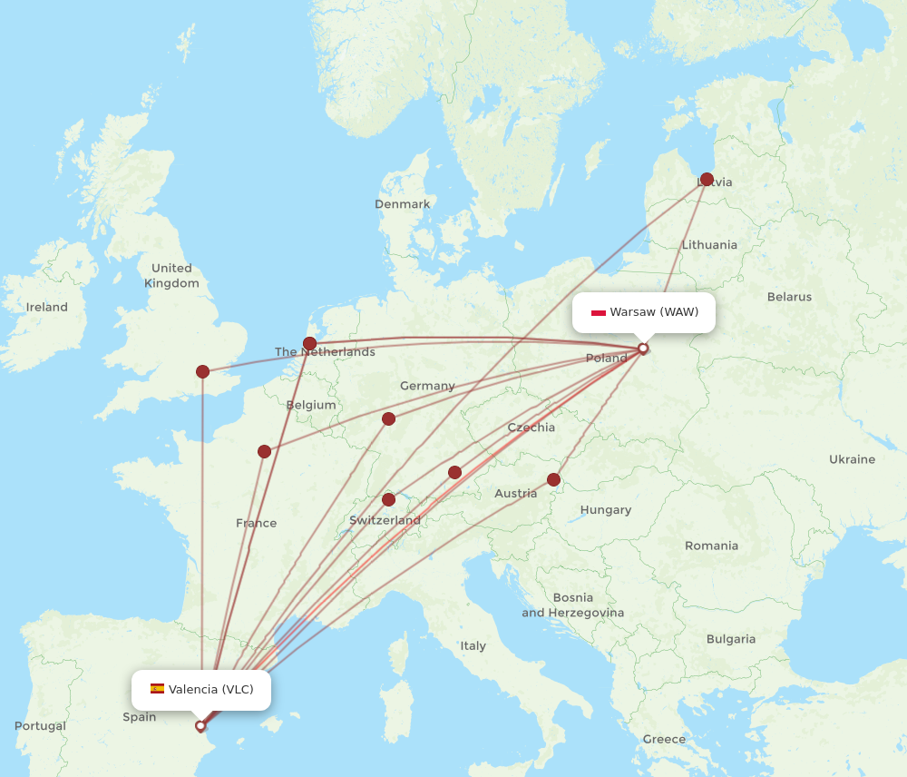 VLC to WAW flights and routes map