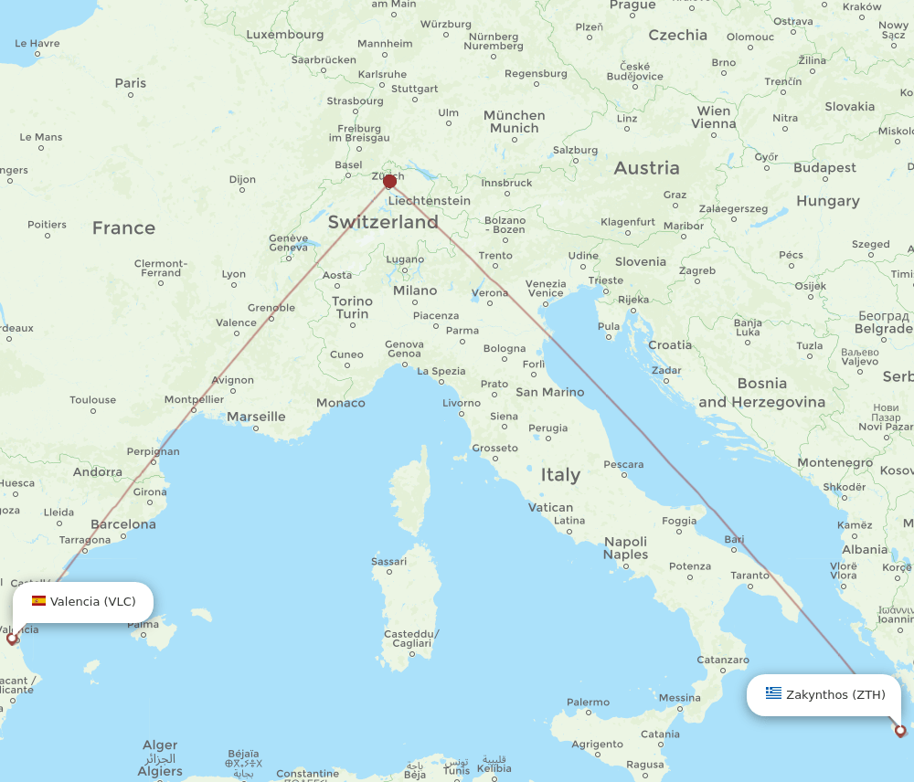 VLC to ZTH flights and routes map