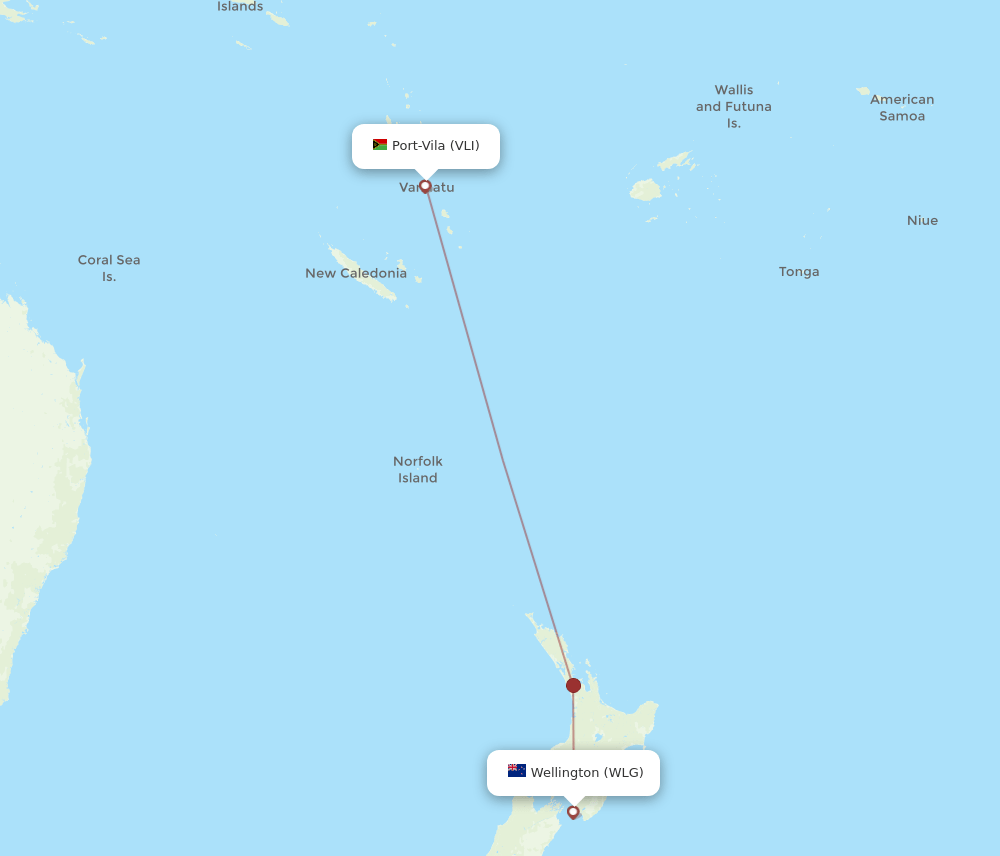 Port Vila - Wellington route map and flight paths