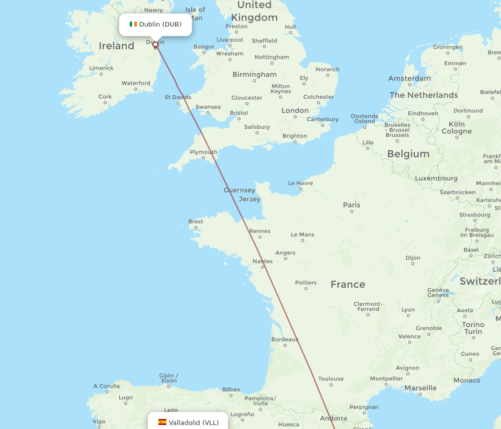 Dublin - Valladolid route map and flight paths