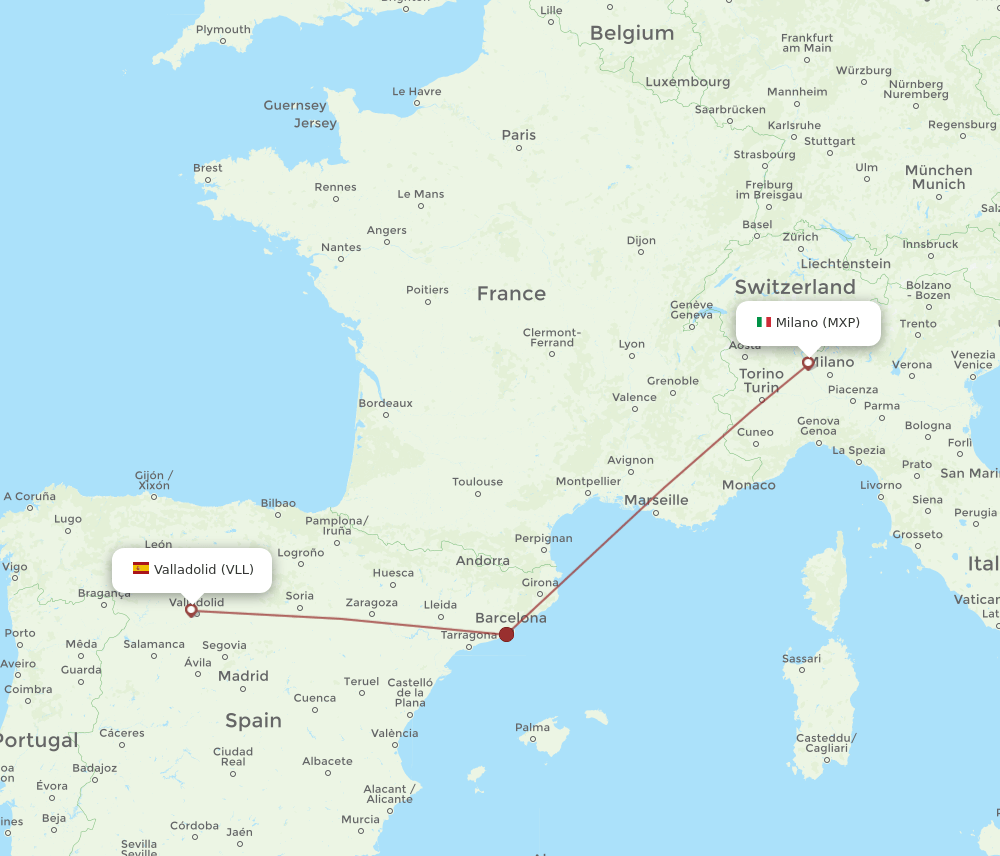 Valladolid - Milan route map and flight paths