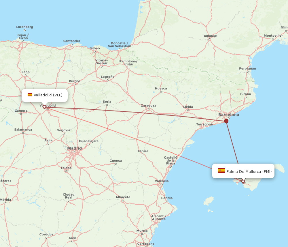 Valladolid - Palma de Mallorca route map and flight paths
