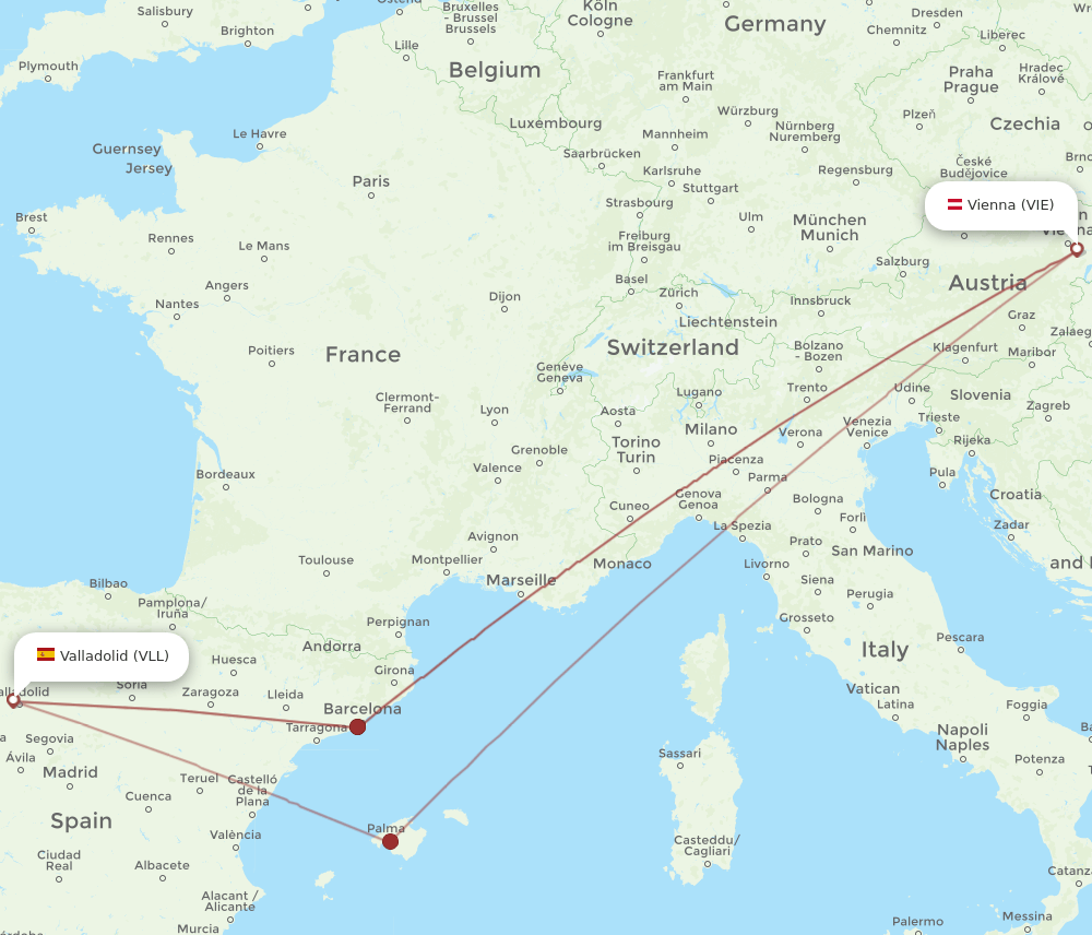 VLL to VIE flights and routes map