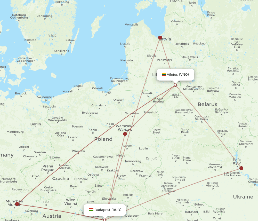 VNO-BUD flight routes