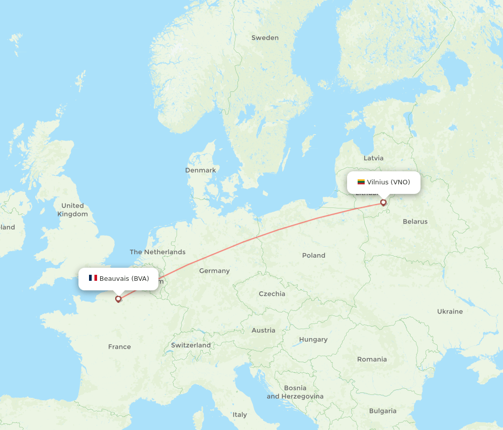 Vilnius - Paris route map and flight paths