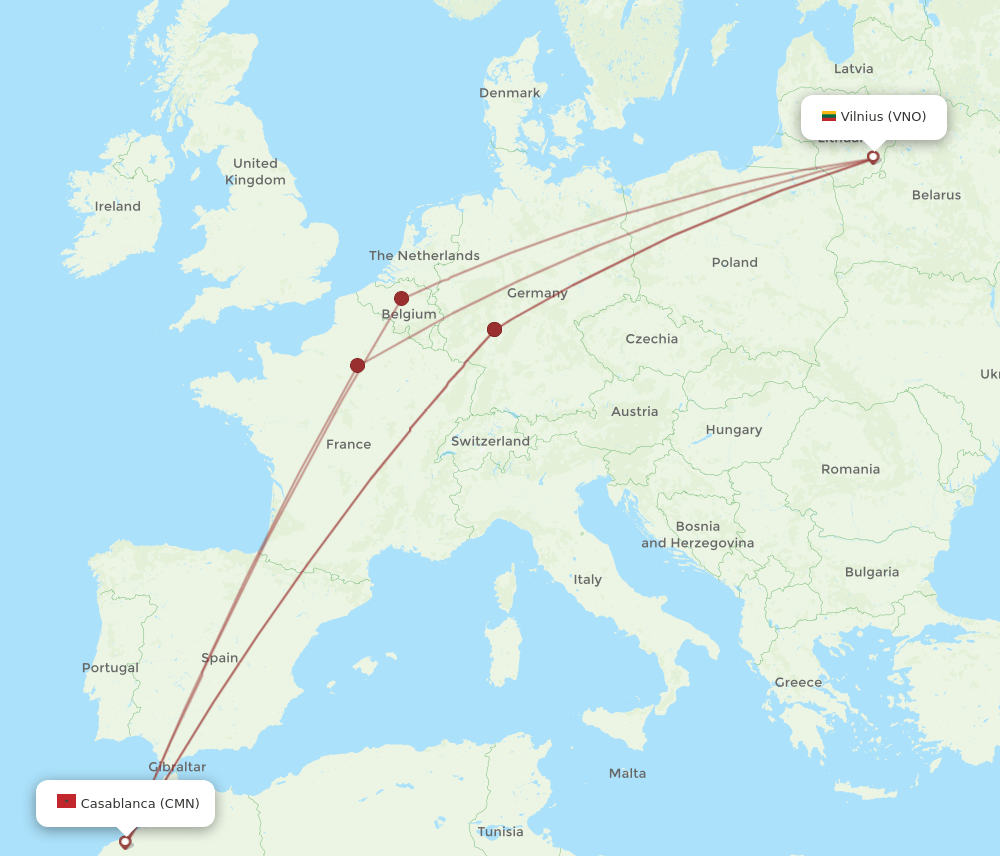VNO to CMN flights and routes map