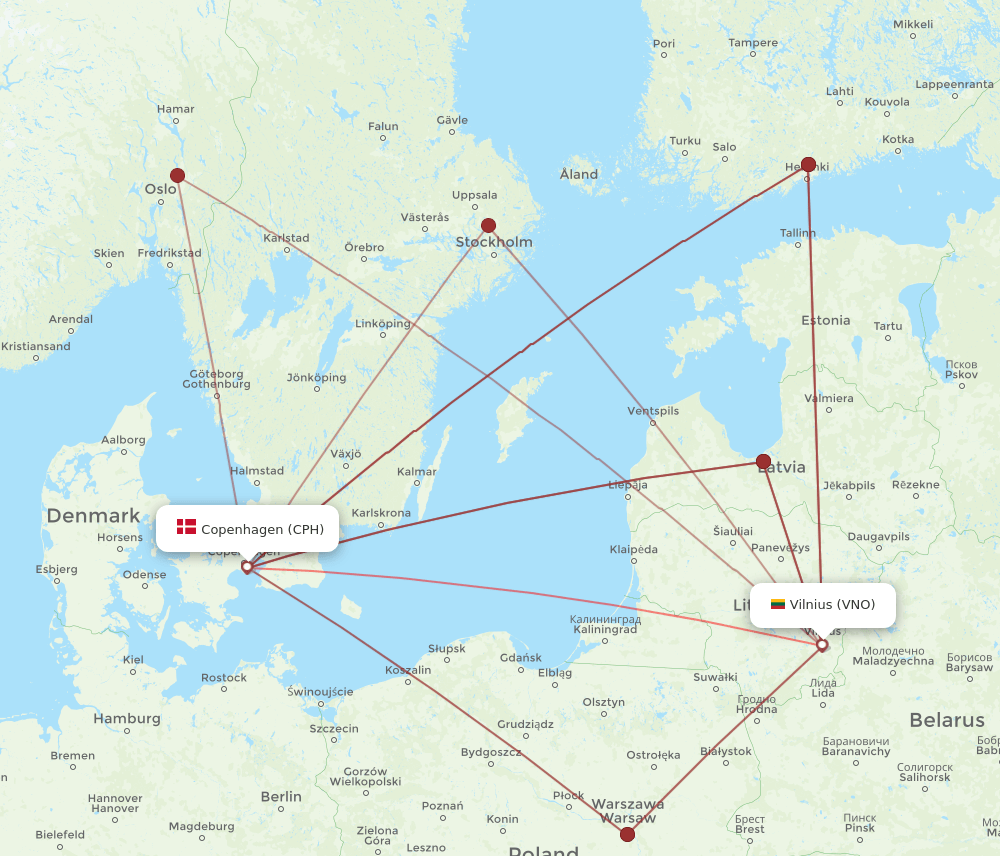 VNO to CPH flights and routes map