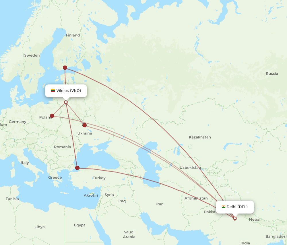 VNO-DEL flight routes